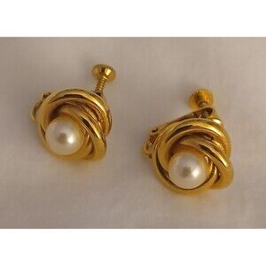 Vintage Napier Gold Tone Faux Pearl Twist Clip-On Earrings Classic Knot Design